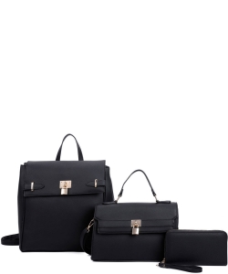 Fashion Padlock Flap Backpack 3-in-1 Set LF21083T3 BLACK